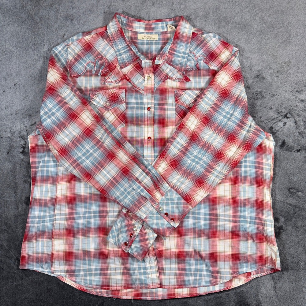 Natural‎ Reflections Womens 2X Plaid Western Snap Shirt Red Blue Raw Edge Yoke